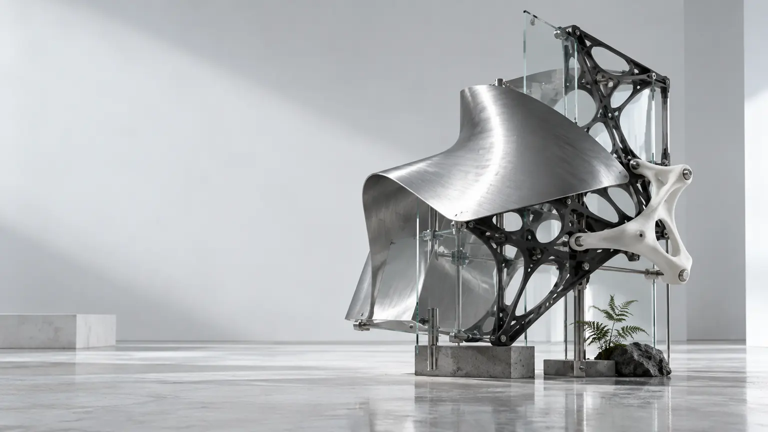 AI concept of an experimental architectural assembly in metal, glass and printed forms